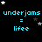 Pixelated cyan text 'underjams = life' repeated across a black background with scattered white and gray stars, some frames showing slight star position shifts.