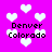 Pixelated icon with bright pink background, white heart shapes scattered across the image, and repeated text "Denver Colorado" in black pixel font.