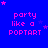 Blue background with pink pixelated text 'party like a Poptart' repeated in , surrounded by small pink stars