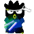 Pixelated character with black spiky hair, white eye patches, and a blue-green gradient outfit holding two glowing swords in various positions.