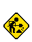 Yellow diamond-shaped warning sign with black border showing a worker digging, transitioning through multiple animation frames of motion and debris.