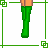 A 4x4 contact sheet of a pixel art animated icon featuring a green-and-yellow character with long black hair, showing sequential frames of the character's body parts and text phrases "think," "I love you" in yellow-green font.