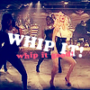 Two figures dance on a stage with a cityscape background; large white text reads "WHIP IT!" and smaller red text below says "whip it good!".