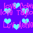 Pixelated animation of pink text and cyan hearts on a purple background, with text and heart positions shifting across frames.