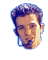 Four pixelated head views of a person with dark curly hair wearing a headset, arranged in a on gray background