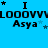 Blue background with repeating black text 'LOOOVVV' and 'Asya', stars scattered around, some frames show additional small star icons near the text.