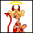 Pixel art contact sheet showing two frames of an animated buddy icon: a character with blonde hair, red horns, and a yellow halo holding a red staff on the left; purple text reading "thehorns are to hold upthehalo" on the right.