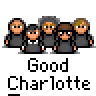 Animated contact sheet of a pixel art icon featuring multiple frames showing character silhouettes and stylized 'GC' logo variations with text "Good Charlotte" beneath each frame.