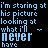 Pixelated text repeats 'I'm staring at his picture looking at what I'll never have' with blue characters on black background, some frames include small heart symbols.