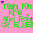 Green text on pink background with purple stars, repeating 'Team Kim Krie and Rob or ELSE' in pixelated font across multiple