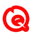A red circular logo with a stylized 'Q' and white negative space on the left, transitioning to scattered gray pixelated shapes on the right across two frames.