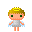 Pixelated angel icon with blonde hair, green eyes, and light blue wings in multiple poses against gray background.
