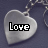 Two heart-shaped pendants on chains with the word 'Love' displayed in different styles across two frames of an animated contact sheet.