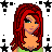 Pixel art contact sheet showing a female character with red hair and green top holding a gift bag, alongside text reading "Stop staring and take a #!" on a star-patterned background.