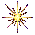 Four pixelated starburst icons arranged in a , each with distinct color schemes and radiating lines against a gray background
