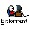 Animated contact sheet of 17 pixel art frames showing a cartoon character with white head and red torso sitting at a desk, interacting with a computer monitor that cycles through blue and black screen states.