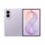 A static image shows a light gray smartphone with a vertical camera module on the back, next to a framed abstract artwork with soft pink and purple gradients.