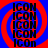 Red and blue spiral background with repeated black text 'ICON' in vertical , each containing six 'ICON' instances with the last instance partially cut off