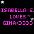 Pixelated text repeats 'ISABELLA S. LOVES GINA<3333' in pink on black with scattered white and gray stars.