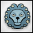 Pixelated circular icon with blue lion head at center surrounded by light-colored gem-like shapes on a white background.