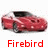 Red pixelated car icon with black windows and wheels, positioned horizontally against a white background, with red text below reading "Firebird".