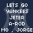 Pixelated text on dark blue background with faded 'NY' logo, featuring sports team rivalry phrases and player names.