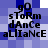 Pixelated text 'g0 sToRm dAnCe aLIaNCe' on a blue and white checkered background with visible pixelation artifacts.