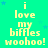 A static image with a bright green background displays repeated yellow text reading "i love my biffles woohoo!" accompanied by small blue stars.