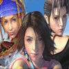 Three anime-style characters with distinct hairstyles and clothing pose against a blue sky background, with visible pixelation and color banding.