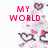 Pixelated pink text reads 'MY WORLD COULD NEVER GET ANY BRIGHTER' over a white background with heart and arrow motifs.