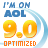Pixelated graphic displays 'I'M ON AOL 9.0 OPTIMIZED' with blue, yellow-orange gradient, and orange text over white background featuring light blue curved line.