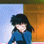 Animated sequence of two anime characters in blue and red outfits against a wooden background with light blue