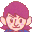 Pixelated character with magenta hair and blue clothing displays multiple facial expressions across six views.