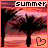 Pixelated summer scene with tree silhouette, pink-orange gradient sky, and heart symbol on coral background.
