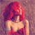 Pixelated image of a figure with voluminous red hair, wearing a strapless red garment, set against a muted purple background.