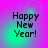 Pixelated 'Happy New Year!' text on a gradient background with shifting green and cyan light effects.