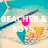 six beach-themed pixel art icons with text overlays, each depicting summer activities and romance