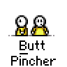 Animated contact sheet of 15 pixel art frames showing two yellow stick figures with white heads performing sequential movements above the text "Butt Pincher" on a gray background.