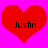 Two red heart shapes on a bright pink background with the text 'Justin' in black pixelated font inside each heart.