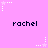 Pixelated pink background with repeated 'rachel' text and white star-shaped animations.