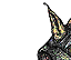 Pixelated cartoon character with pointed ears and a dark hooded cloak, featuring yellow and black facial markings against a white background.