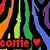 Animated icon with repeating rainbow-colored vertical stripes on black background, displaying 'corrie' text and heart symbols changing color across frames.