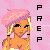 Pixel art contact sheet showing three distinct female character icons with text labels and repeated phrases below, set against a pink background.