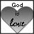 A grayscale heart-shaped icon with 'God is love' text, showing animation progression from bold to faded lettering