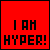 Red background with black text "I AM HYPER!" in pixelated font, transitioning from clear to blurred motion effect