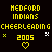 Yellow pixelated text on black background displays 'MEDFORD INDIANS CHEERLEADING 2005' with two heart symbols and small cross-like shapes.