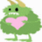 Green pixelated character with black eyes, white teeth, and a pink heart-shaped chest, standing on two legs with a yellow crown-like shape on its head.