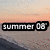 A pixelated beach sunset scene with a black text overlay reading 'summer 08' on the left side of the image.