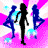 Animated contact sheet showing six sequential frames of a dancing silhouette icon with blue and pink background elements.