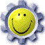 Three identical static frames of a yellow smiley face icon with gear-like border on white background.